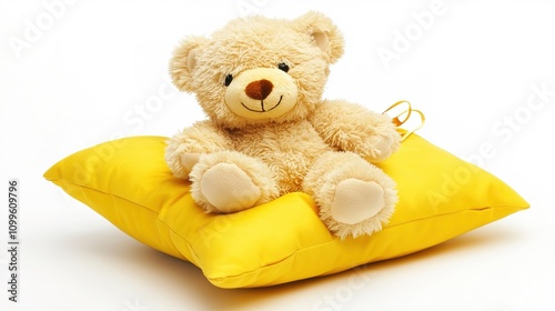 Cute Teddy Bear Sitting on a Yellow Pillow, Creating a Cozy and Adorable Scene. Warm and Inviting Soft Toy Setup for Comfort and Charm. photo