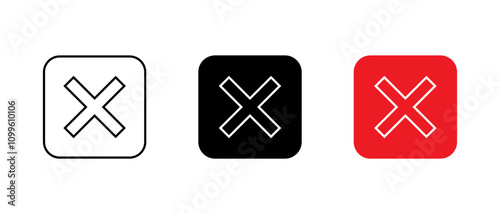 Cross mark outline icon on square background. X, exit sign symbol