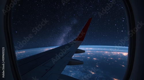 Night view of the airplane wing from the window. Seeing the stars in the sky is a night atmosphere for travel. photo