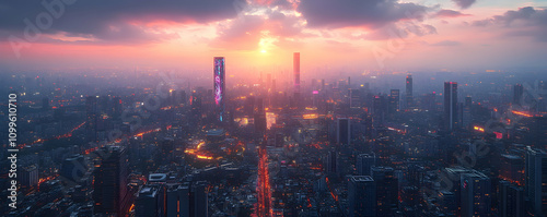 Wallpaper Mural Aerial view of a vibrant city skyline at sunset. Torontodigital.ca