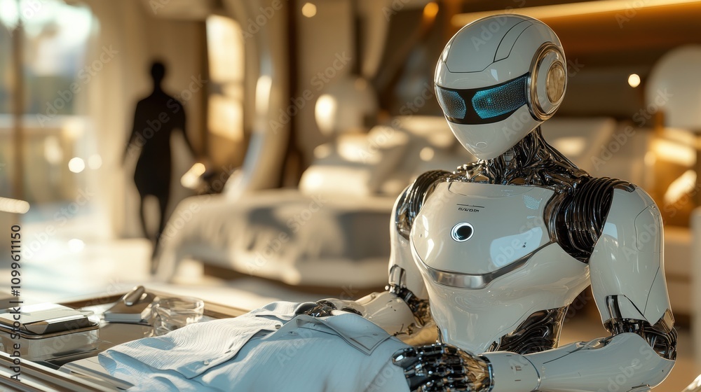 Fototapeta premium Humanoid robot ironing shirt in modern bedroom setting