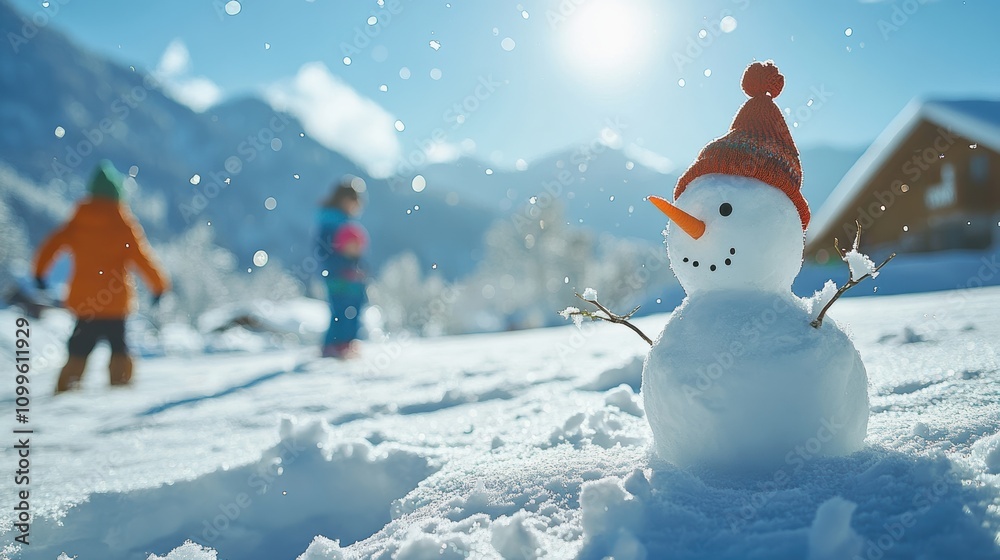 Obraz premium Sunlit winter landscape with partially built snowman and mountains