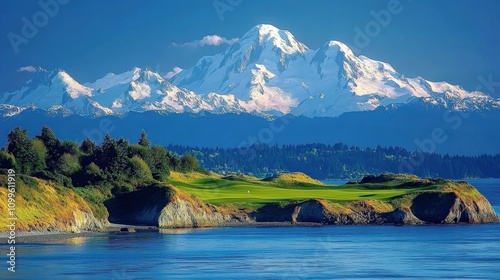 Olympic Mountains View across Puget Sound from Chambers Bay, Tacoma, Washington. USA photo