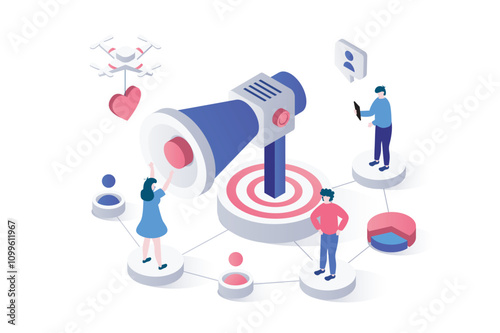 Referral marketing 3d isometric concept in geometry graphic design for web. People getting friends recommends and attracting to referral customer loyalty program announcement. Vector illustration.