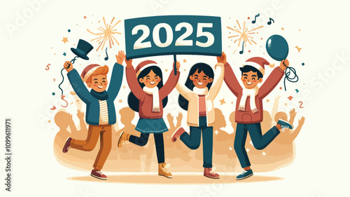 illustration of a teenagers happily welcoming New Year's Eve, they uphold the number 2025