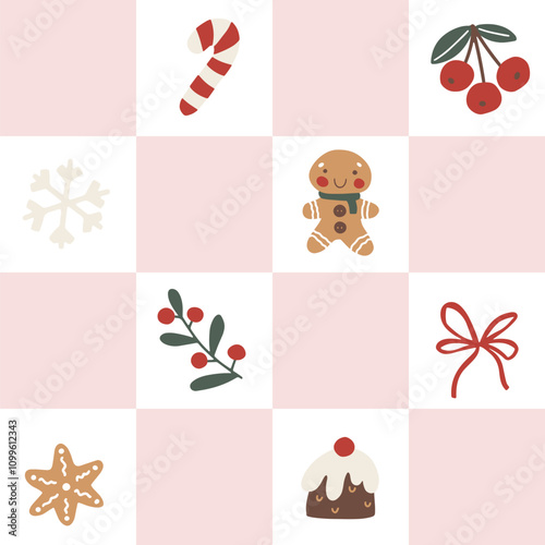 A seamless vector pattern with cute, pastel-colored Christmas elements on a checkerboard background. The playful, groovy style is simple, modern, and child-friendly, perfect for holiday wrapping.