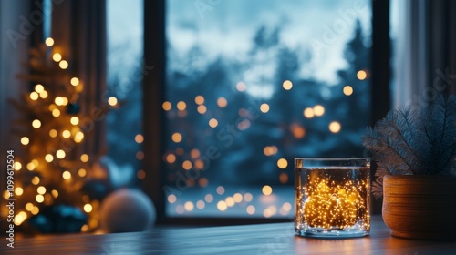 Festive Lights Glow In Glass Jar Near Christmas Tree