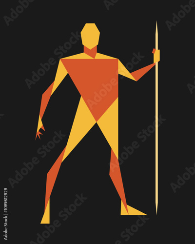 Man posing with javelin or spear. Geometric art graphic. Male human body gesture drawing. Figure silhouette. Vector illustration image.