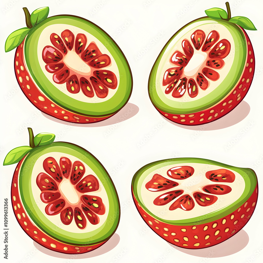 Naklejka premium Four stylized strawberry slices, showing cross-sections, in different angles.