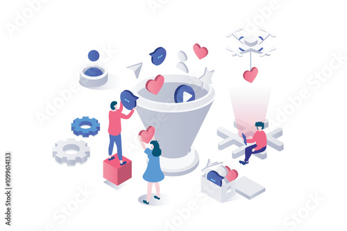 Social media funnel 3d isometric concept in geometry graphic design for web. People using marketing tool for driving online traffic and attracting new customers, increased sales. Vector illustration.