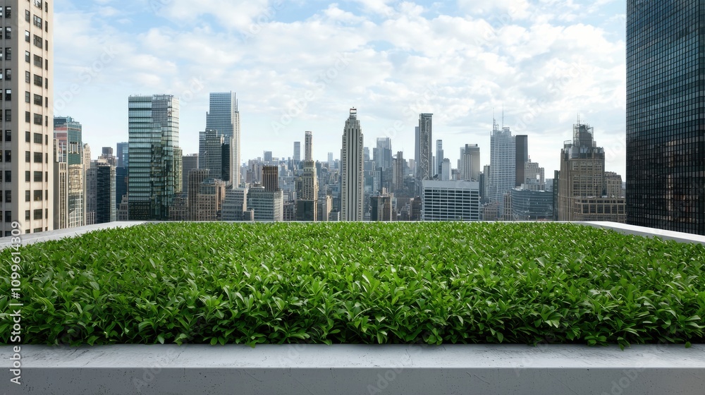 Fototapeta premium A rooftop garden with lush greenery overlooks a modern city skyline under a bright, partly cloudy sky.