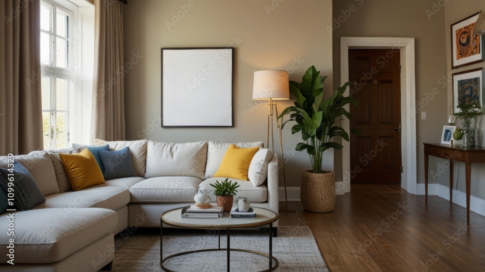 Fototapeta premium A stylish living room featuring a plush sectional sofa with colorful pillows, a coffee table, a tall plant, and soft lighting that creates a welcoming ambiance.