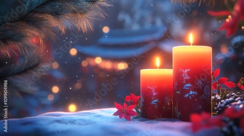 Festive Candles Glow Brightly In Winter Snow