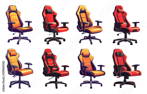 Gamer Ergonomic Chair Set Vector Illustration on White Background Modern Design Gaming Furniture Art Sleek Comfortable Seating Adjustable Supportive Gaming Setup Stylish