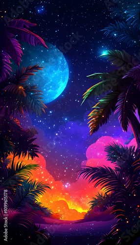 Vibrant tropical night scene with full moon and colorful clouds.