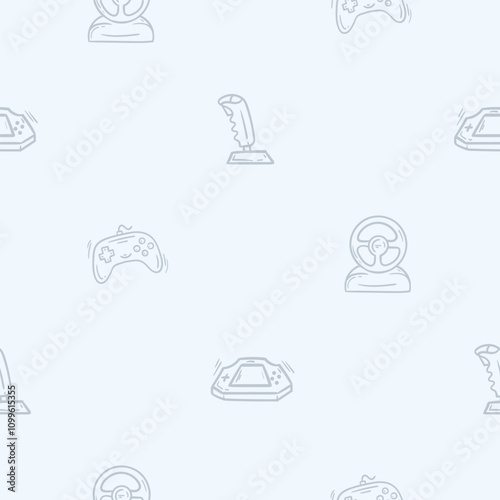 Simple black and white pattern with joysticks, steering wheel, game console. Hand drawn vector background related to holidays, leisure and weekends. Design for decoration, wrapping paper, print photo