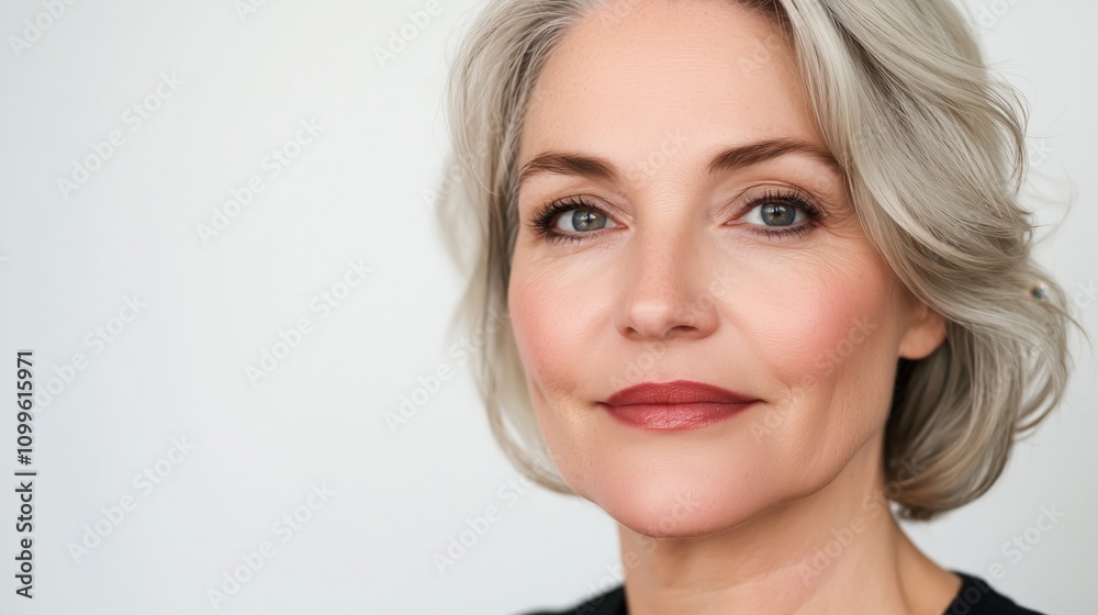 Naklejka premium A close-up portrait of a mid-aged woman with silver hair, flawless skin, and a serene expression, with a minimalist light background, with copy space.