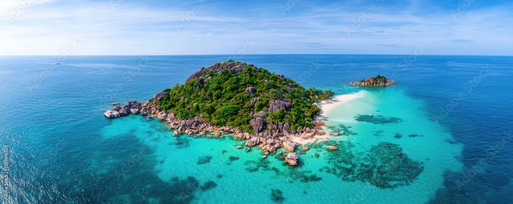 Fototapeta premium A stunning aerial view of a tropical island surrounded by turquoise waters, featuring lush greenery and rocky shores under a clear blue sky.
