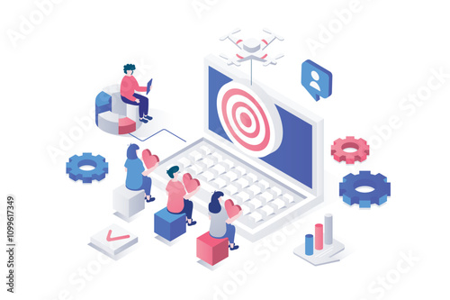 Target audience 3d isometric concept in geometry graphic design for web. People analyzing accurate target group, researching market and customers, creating promotion strategy. Vector illustration.