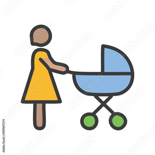 Mother with stroller flat color icon. Pictogram for web page, mobile app, promo. Editable stroke