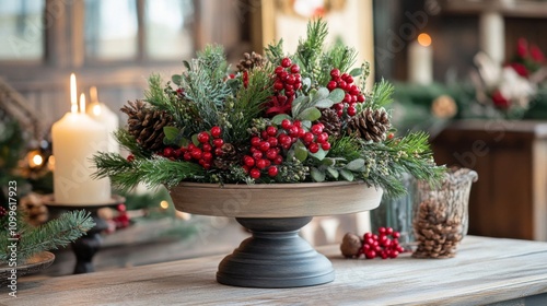 Festive Christmas centerpiece with berries and pine