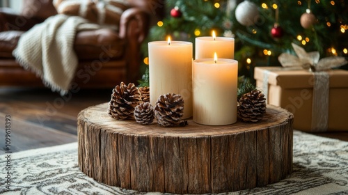 Three Candles Await Christmas Morning On Rustic Wood