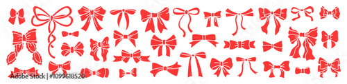 Set of red bows with different shapes. Bowknot, festive satin tape for decor or holiday packaging. Retro hand-drawn ribbon illustration set. Set of various flat vector bow knots, gift ribbons