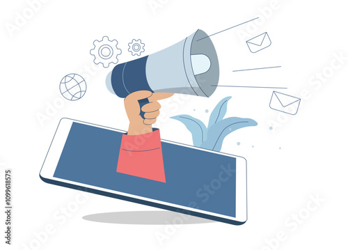 Human hand holding a megaphone protruding from smartphone, Online announcement or notification, Online marketing communication concepts, Promotion or announcement of important news. Vector design.