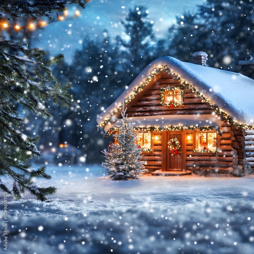 Fototapeta premium A winter scene with a cabin decorated with Christmas lights and snow falling gently in the background. Empty space on the left for showcasing a product.