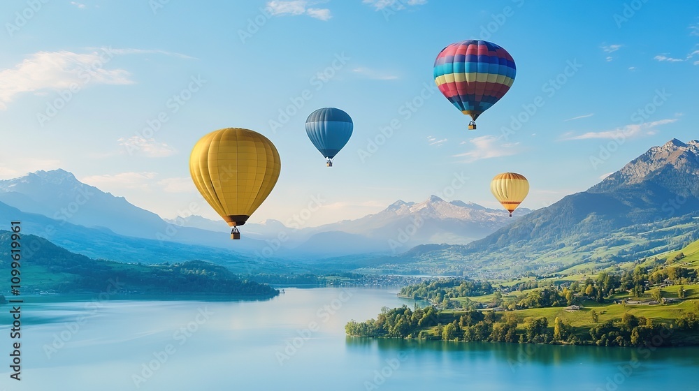 Fototapeta premium Whimsical Hot Air Balloons Floating Gracefully Over Scenic Mountains and Serene Lakes. A Dreamy and Enchanting Landscape of Adventure and Tranquility.