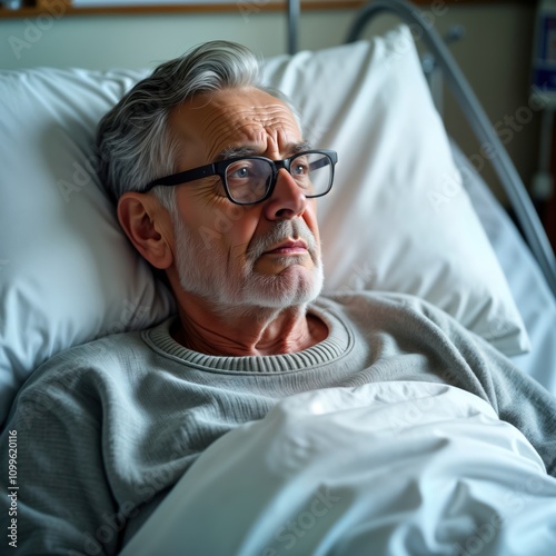 Elderly man lies in hospital bed. Looks vulnerable, needs care. Hospital room calm, quiet. Situation evokes feelings of loneliness. Patient requires compassionate care. Possibly bedridden. Gentle