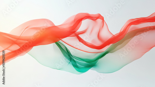 Abstract flowing cloud of green and red fabric-like forms, airy geometric shape. Generative AI photo