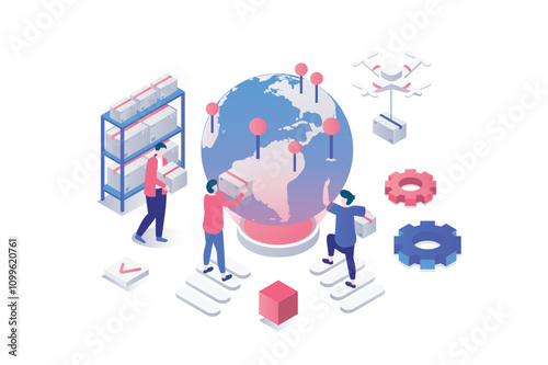 Worldwide delivery 3d isometric concept in geometry graphic design for web. People work in global logistic company, shipping packages, making export and import transportation. Vector illustration.