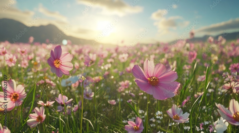 Fototapeta premium Vibrant flower field blossoming with an array of colors under a bright blue sky, nature s beauty.