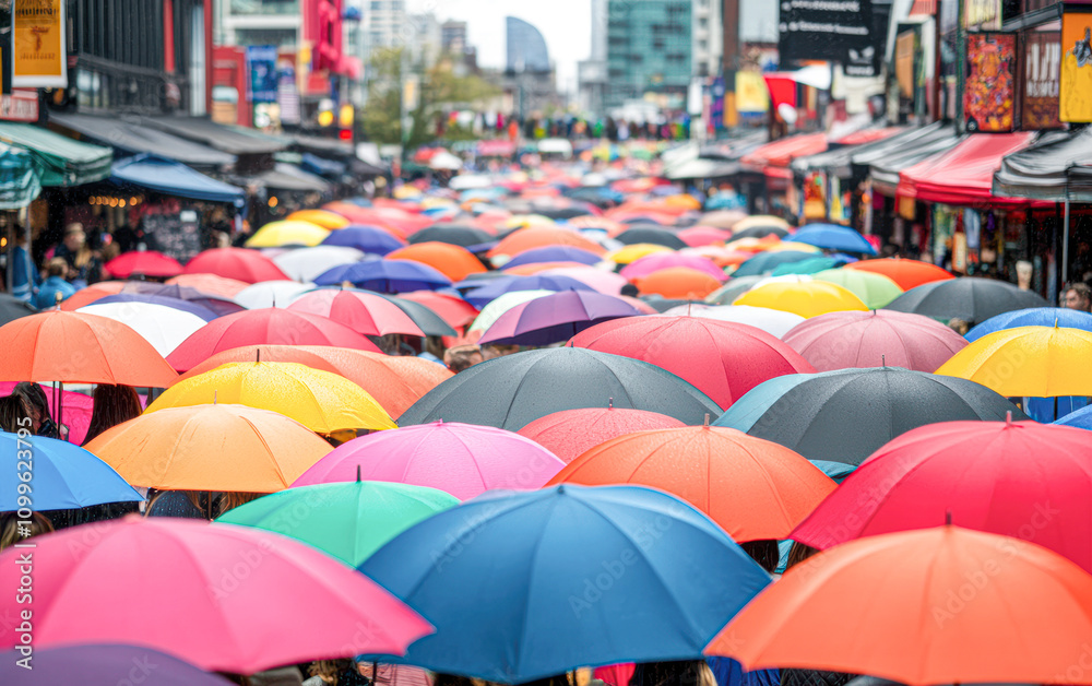 Obraz premium Colorful umbrellas outdoor market urban scene vibrant atmosphere aerial view community spirit