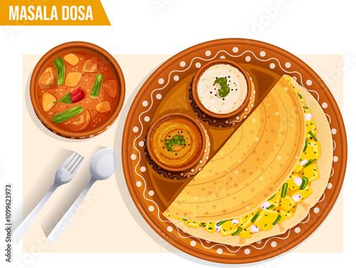 Masala Dosa with Sambar, Kara and Coconut Chutneys Served in Mud Thali and Pots. Traditional Indian Cuisine Top View Dining Scene with Spoon and Fork