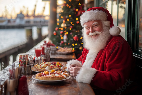 santa claus eating breakfast at a seafood restaurant