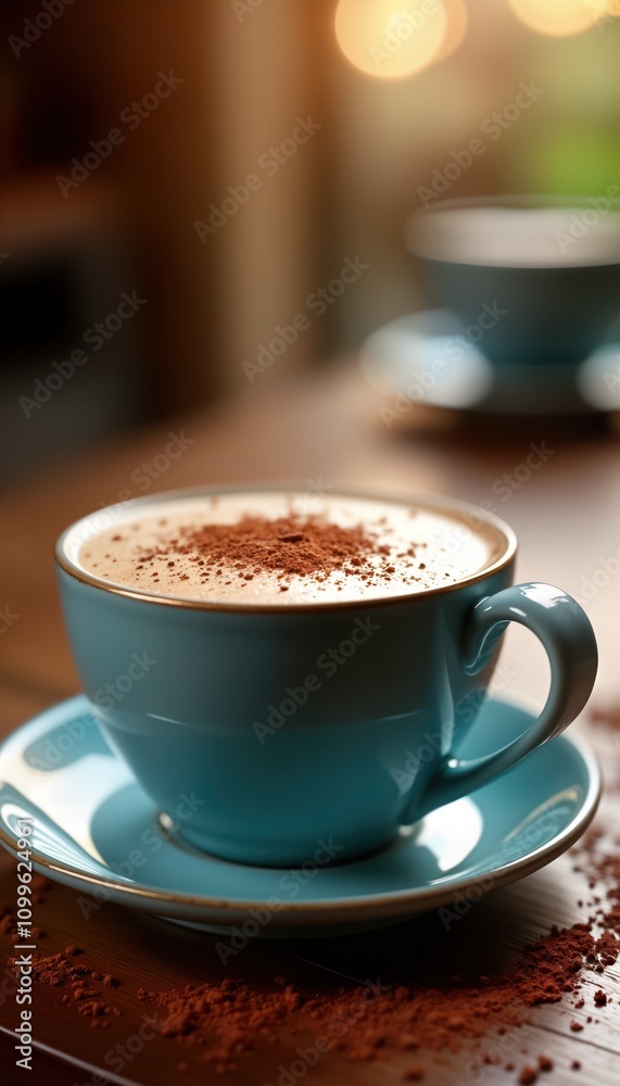 Obraz premium Cozy blue cup of hot cocoa sits on wooden table. Aromatic drink garnished with cocoa powder. Enjoyable hot beverage for winter days. Perfect for cafes, home, holiday. Warm, tasty drink. Relaxing,