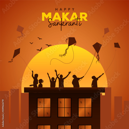 Creative vector illustration of Happy Makar Sankranti holiday India festival. Uttrayan Concept in silhouette.