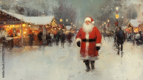 Santa Claus Walks Through Snowy Christmas Market