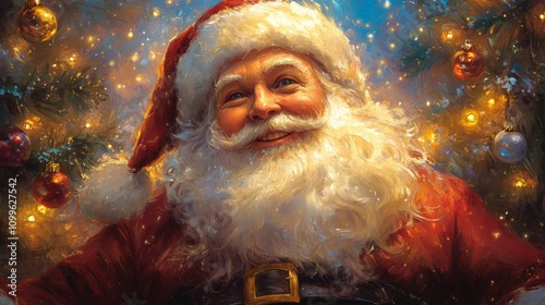 Santa Claus Smiles Joyfully Near A Christmas Tree