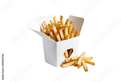 French fries bursting out from white paper box photo