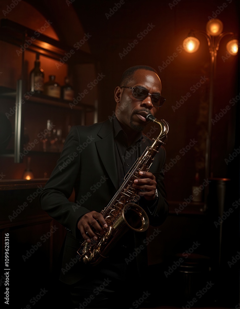 Obraz premium Portrait of Black musician wearing sunglasses while playing saxophone in a dimly lit room with warm lighting creating a cozy atmosphere of a bar