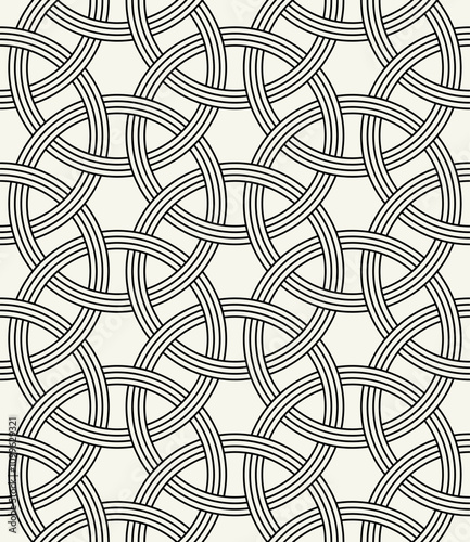 Vector seamless pattern. Abstract background with interweaving rings. Geometric monochrome texture. Celtic confused grid. Interlaced knotwork.
