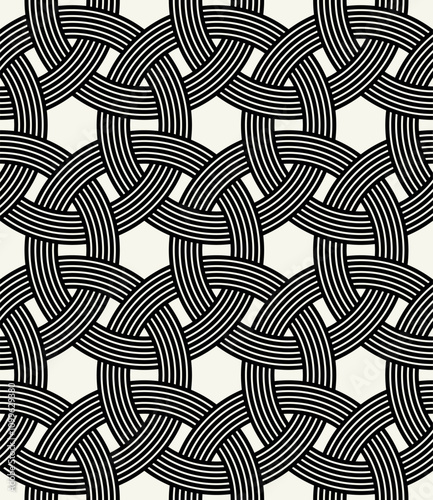 Vector seamless pattern. Abstract background with interweaving rings. Geometric monochrome texture. Celtic confused grid. Interlaced knotwork.