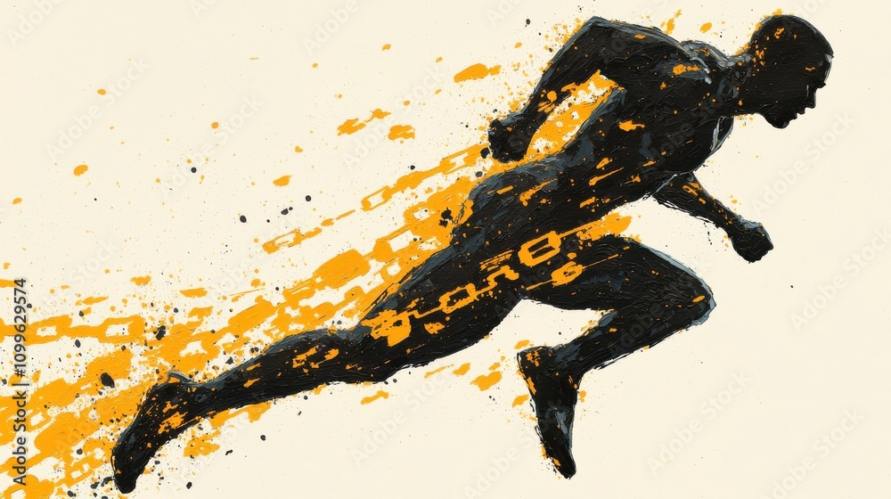 Fototapeta premium Dynamic Artistic Representation of a Sprinter in Motion Breaking Through Barriers in a Stylized Composition