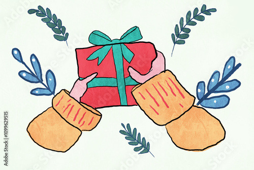 Hand-drawn mittens holding gift with festive winter foliage photo