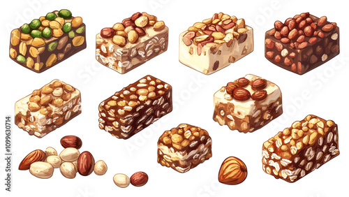 Muesli Bars with Nuts and Dried Fruits Cartoon Set on White Background Bright Colors Fun Design Snack Art Healthy Treats Collection Nutritious Icons Energy Bars Design