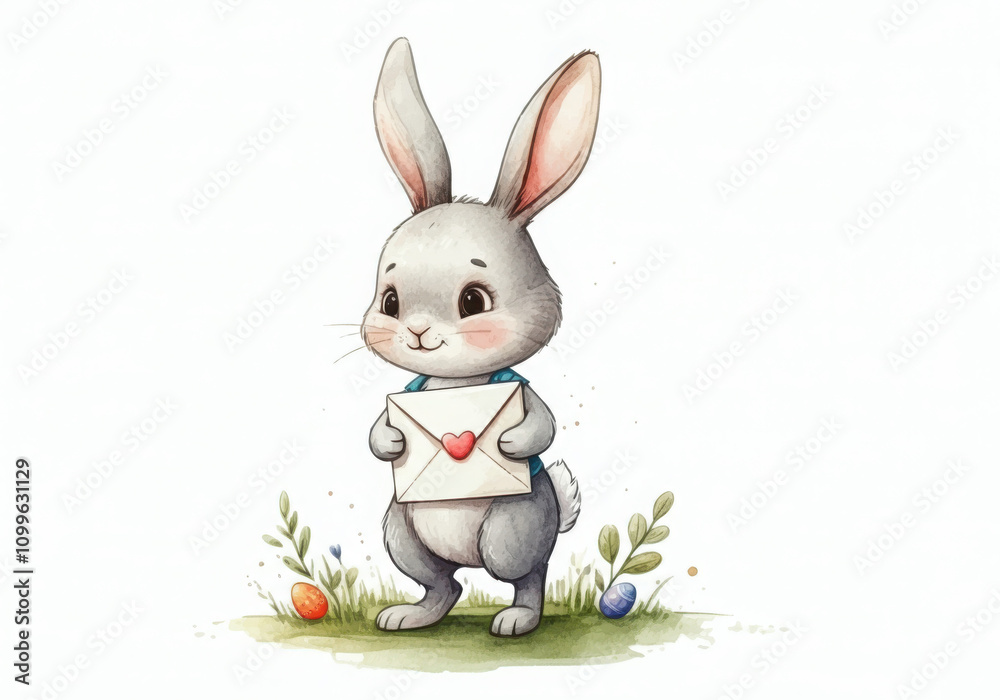 Obraz premium Adorable bunny holding a love letter with a heart, surrounded by easter eggs and spring foliage, perfect for greeting cards and children's illustrations