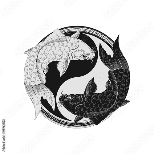 black and white yin and yang koi fish combined with simple and beautiful ornaments